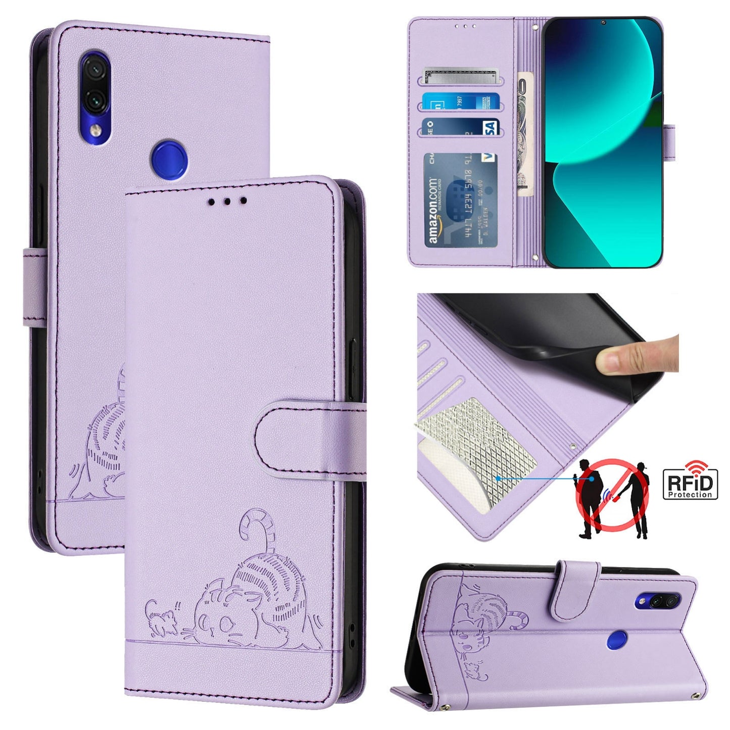 Xiaomi Redmi Note 7 Cat and Rat Embossed Pattern, RFID Leather Phone Case with Lanyard, Kickstand, and Wallet Features