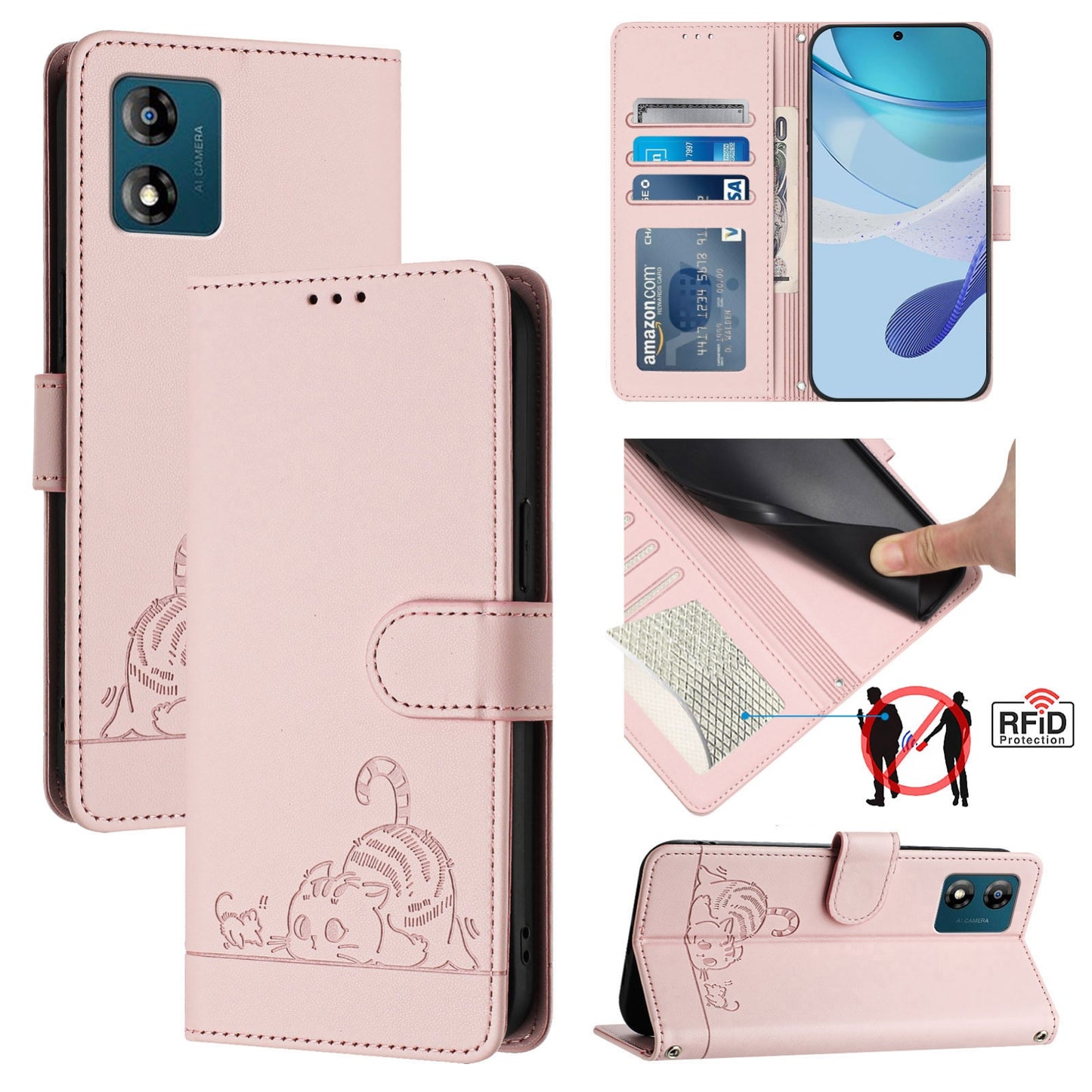 Motorola Moto E13 4G Cat and Rat Embossed Pattern, RFID Leather Phone Case with Lanyard, Kickstand, and Wallet Features