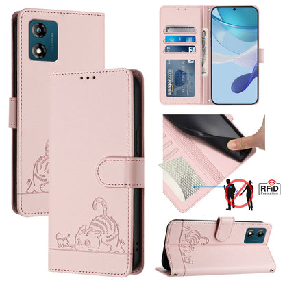 Motorola Moto E13 4G Cat and Rat Embossed Pattern, RFID Leather Phone Case with Lanyard, Kickstand, and Wallet Features