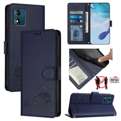 Motorola Moto E13 4G Cat and Rat Embossed Pattern, RFID Leather Phone Case with Lanyard, Kickstand, and Wallet Features