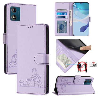 Motorola Moto E13 4G Cat and Rat Embossed Pattern, RFID Leather Phone Case with Lanyard, Kickstand, and Wallet Features