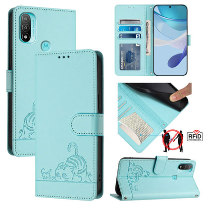 Motorola Moto E40 Cat and Rat Embossed Pattern, RFID Leather Phone Case with Lanyard, Kickstand, and Wallet Features