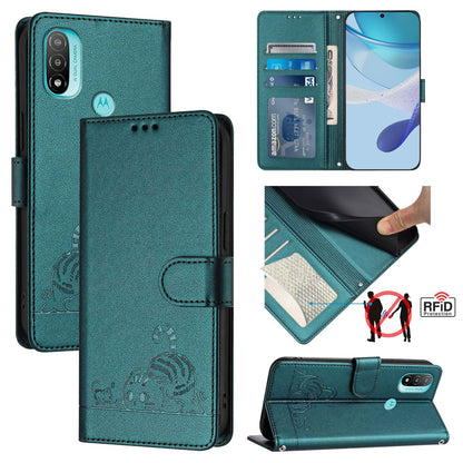 Motorola Moto E40 Cat and Rat Embossed Pattern, RFID Leather Phone Case with Lanyard, Kickstand, and Wallet Features