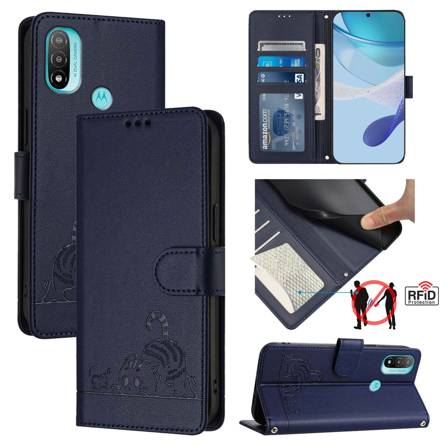 Motorola Moto E20 Cat and Rat Embossed Pattern, RFID Leather Phone Case with Lanyard, Kickstand, and Wallet Features