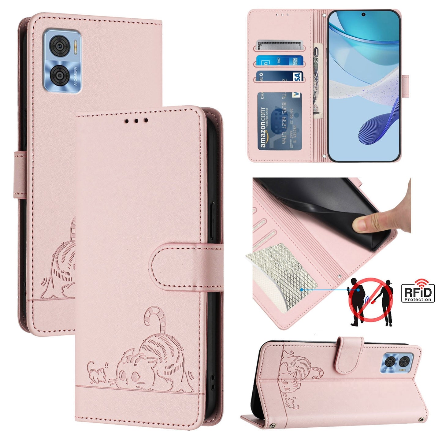 Motorola Moto E22 4G Cat and Rat Embossed Pattern, RFID Leather Phone Case with Lanyard, Kickstand, and Wallet Features