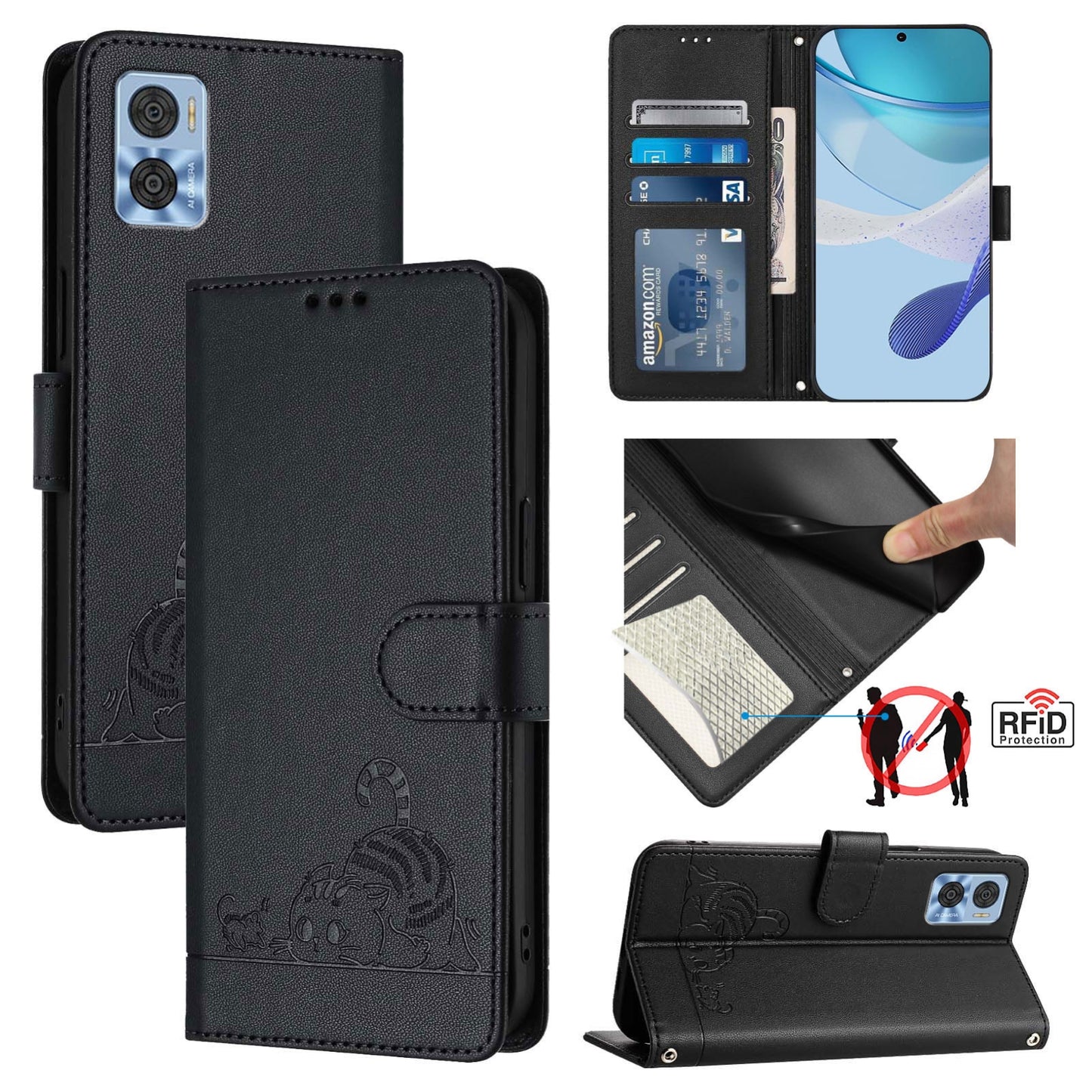 Motorola Moto E22 4G Cat and Rat Embossed Pattern, RFID Leather Phone Case with Lanyard, Kickstand, and Wallet Features