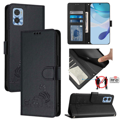 Motorola Moto E22 4G Cat and Rat Embossed Pattern, RFID Leather Phone Case with Lanyard, Kickstand, and Wallet Features