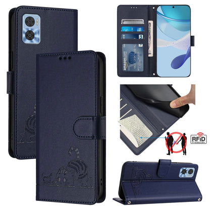 Motorola Moto E22 4G Cat and Rat Embossed Pattern, RFID Leather Phone Case with Lanyard, Kickstand, and Wallet Features