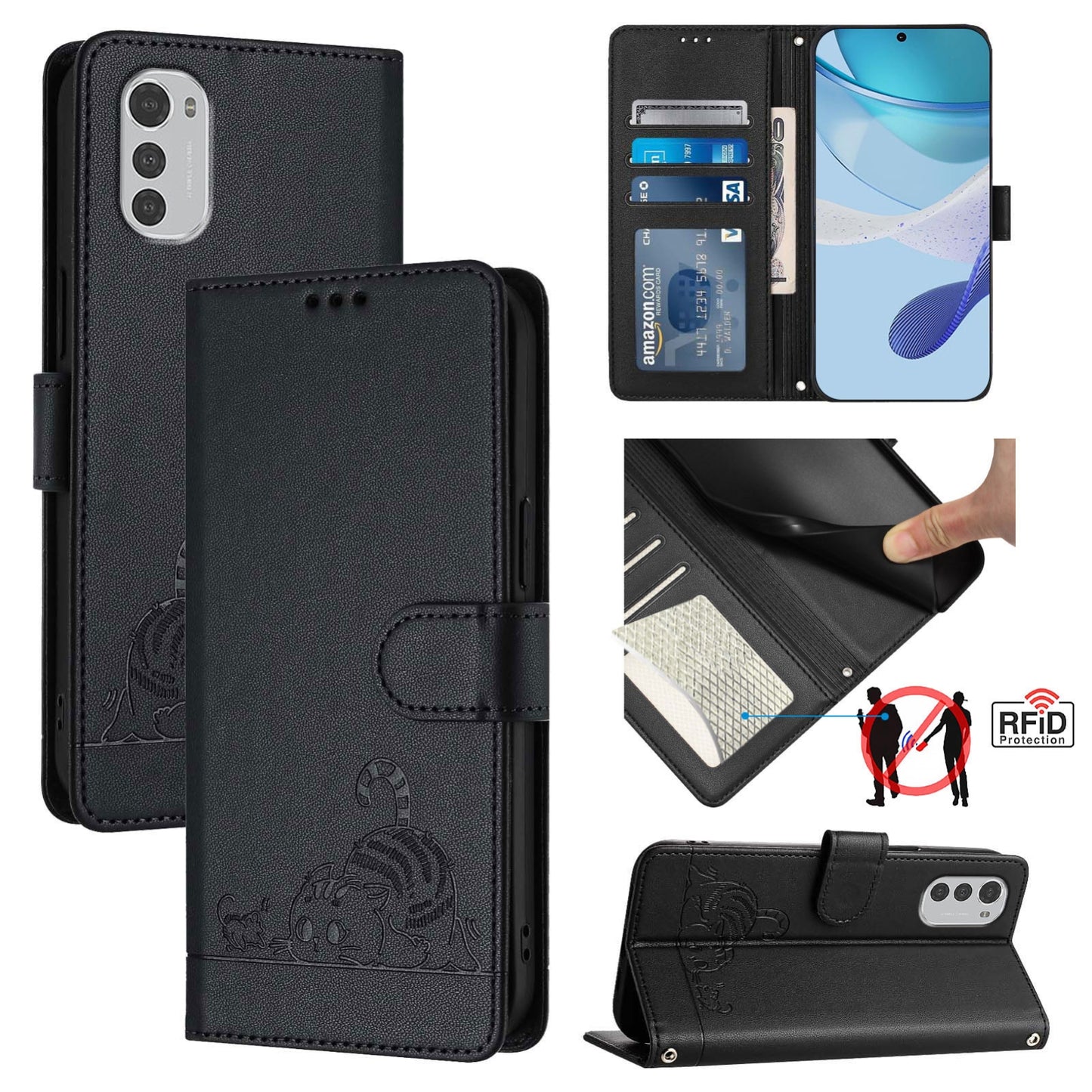 Motorola Moto E32 4G Global Cat and Rat Embossed Pattern, RFID Leather Phone Case with Lanyard, Kickstand, and Wallet Features