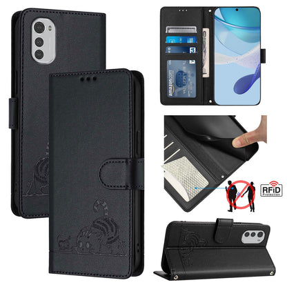 Motorola Moto E32 4G Global Cat and Rat Embossed Pattern, RFID Leather Phone Case with Lanyard, Kickstand, and Wallet Features
