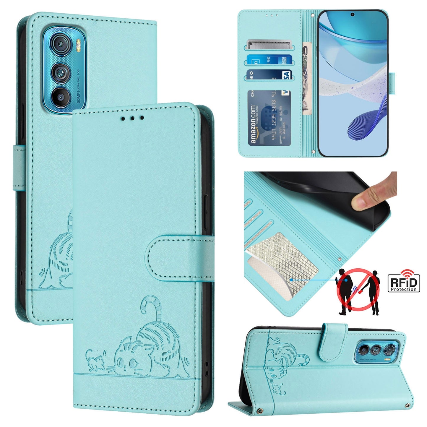 Motorola Edge 30 Cat and Rat Embossed Pattern, RFID Leather Phone Case with Lanyard, Kickstand, and Wallet Features