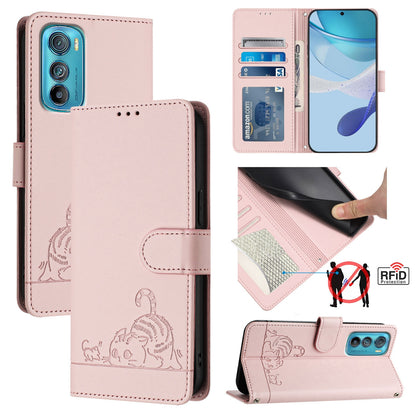 Motorola Edge 30 Cat and Rat Embossed Pattern, RFID Leather Phone Case with Lanyard, Kickstand, and Wallet Features