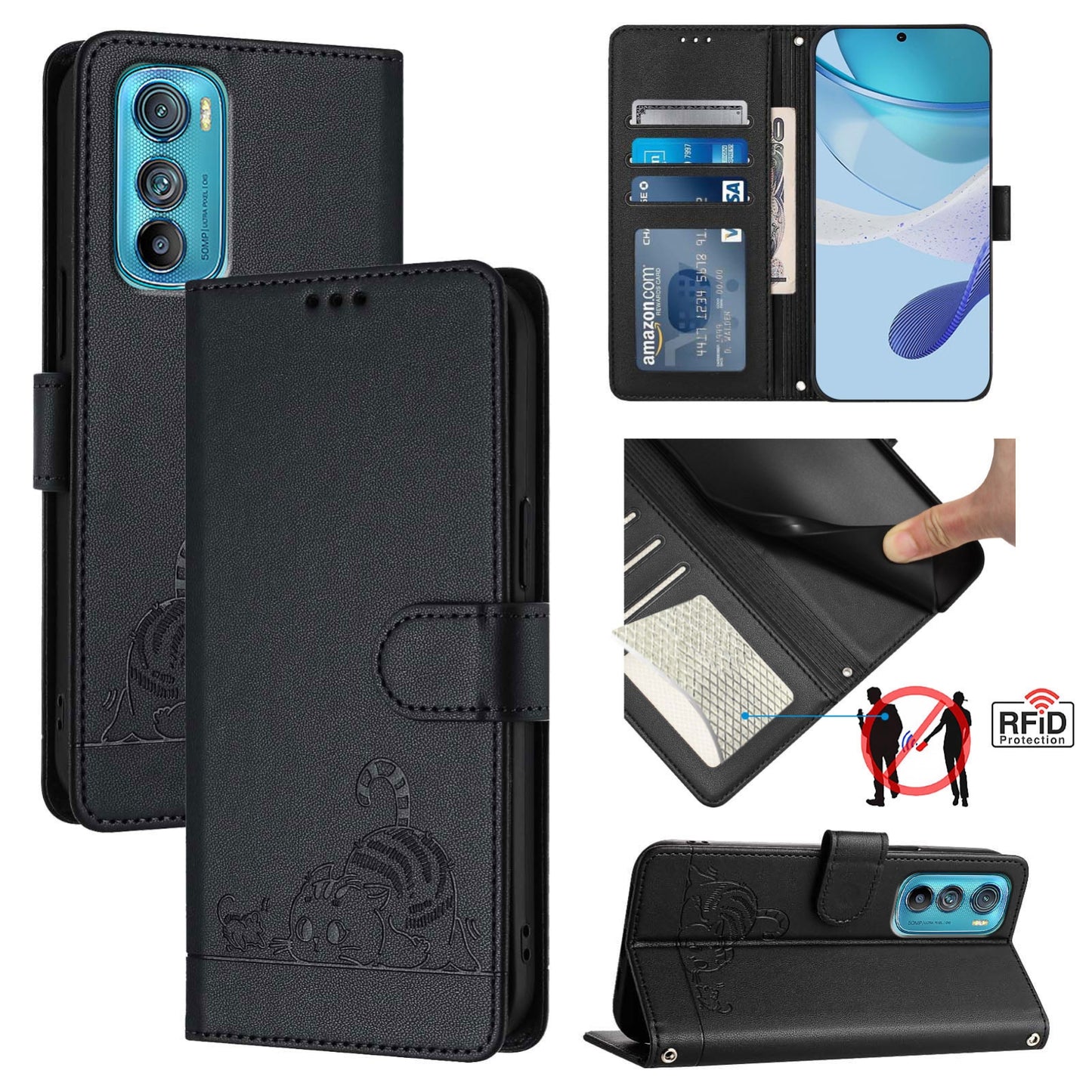 Motorola Edge 30 Cat and Rat Embossed Pattern, RFID Leather Phone Case with Lanyard, Kickstand, and Wallet Features