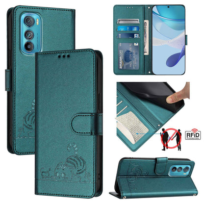 Motorola Edge 30 Cat and Rat Embossed Pattern, RFID Leather Phone Case with Lanyard, Kickstand, and Wallet Features