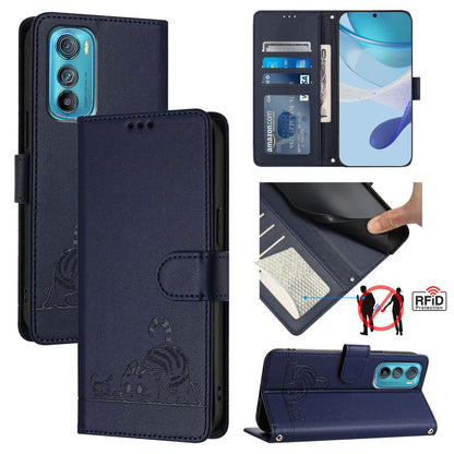 Motorola Edge 30 Cat and Rat Embossed Pattern, RFID Leather Phone Case with Lanyard, Kickstand, and Wallet Features