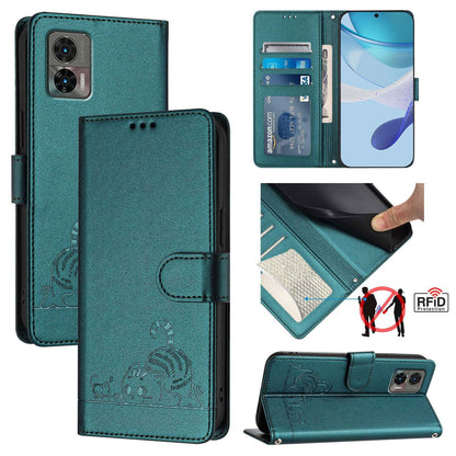 Motorola Edge 30 Neo Cat and Rat Embossed Pattern, RFID Leather Phone Case with Lanyard, Kickstand, and Wallet Features
