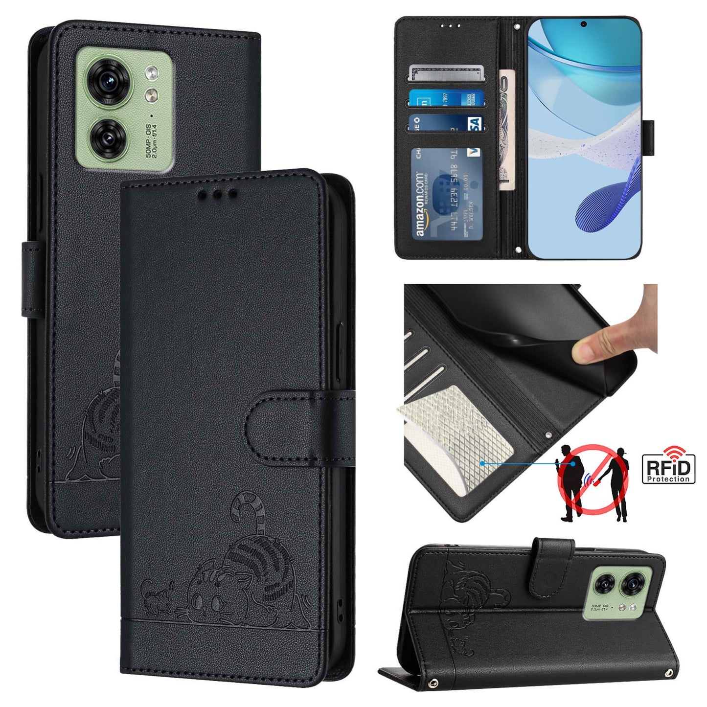 Motorola Edge 40 5G Global Cat and Rat Embossed Pattern, RFID Leather Phone Case with Lanyard, Kickstand, and Wallet Features