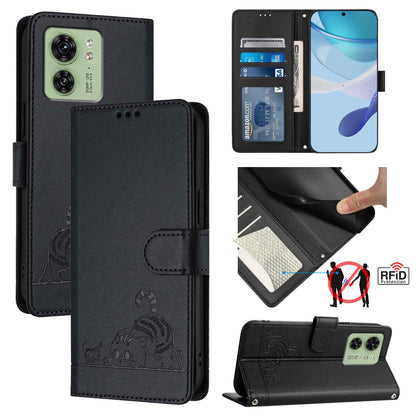 Motorola Edge 40 5G Global Cat and Rat Embossed Pattern, RFID Leather Phone Case with Lanyard, Kickstand, and Wallet Features