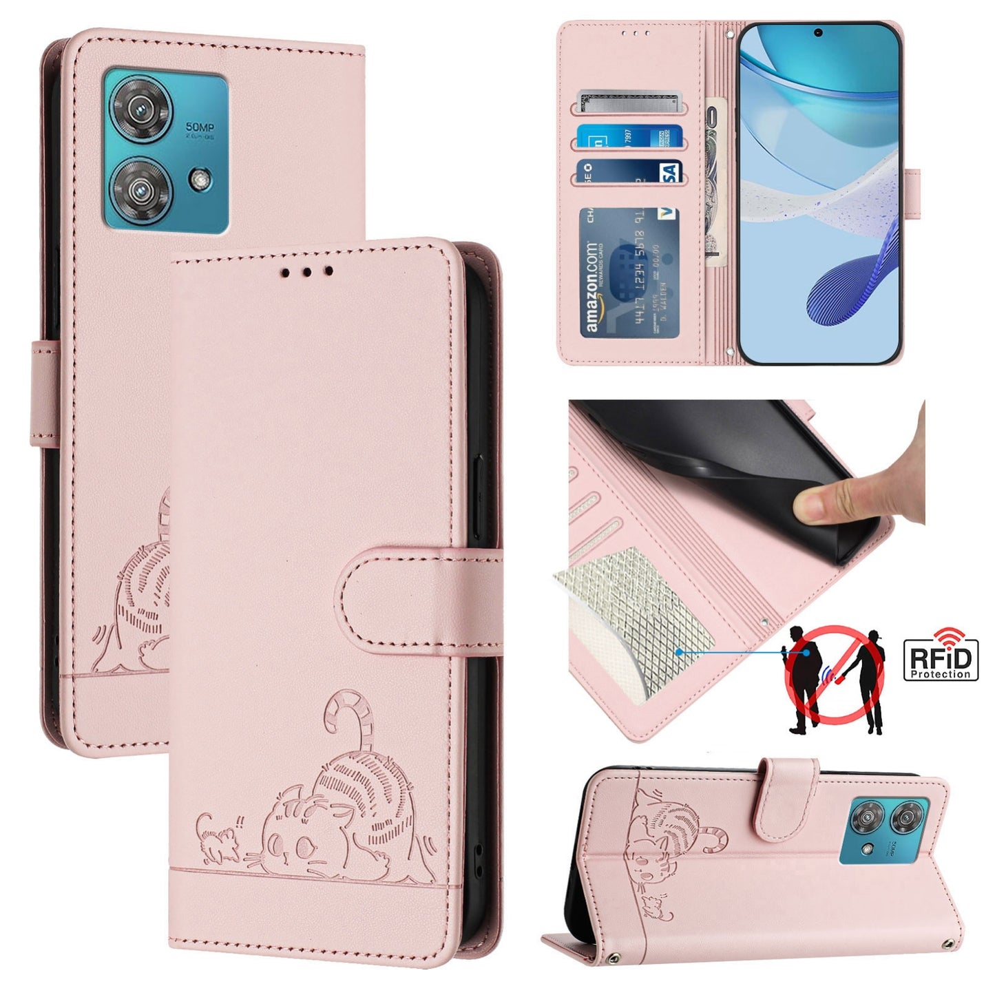 Motorola Edge 40 Neo 5G Cat and Rat Embossed Pattern, RFID Leather Phone Case with Lanyard, Kickstand, and Wallet Features