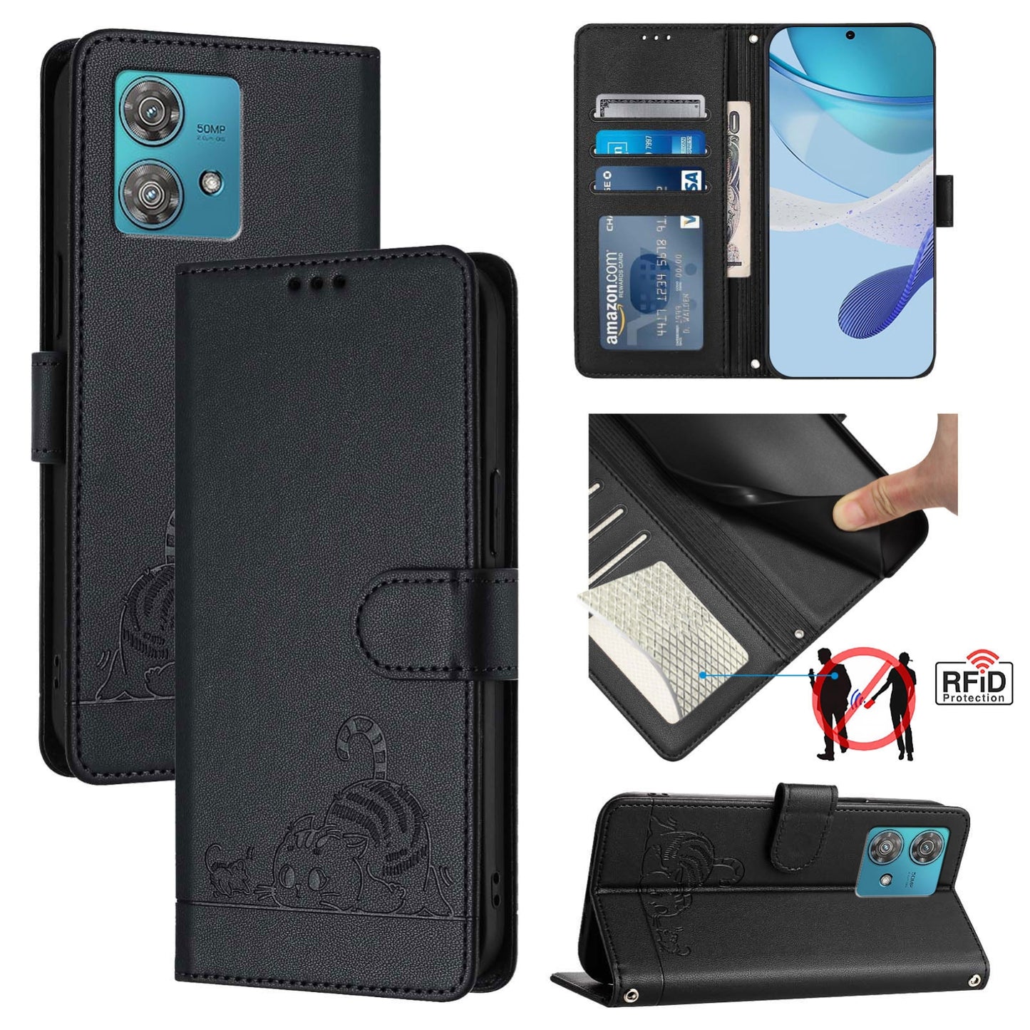 Motorola Edge 40 Neo 5G Cat and Rat Embossed Pattern, RFID Leather Phone Case with Lanyard, Kickstand, and Wallet Features