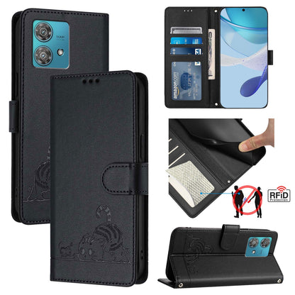 Motorola Edge 40 Neo 5G Cat and Rat Embossed Pattern, RFID Leather Phone Case with Lanyard, Kickstand, and Wallet Features