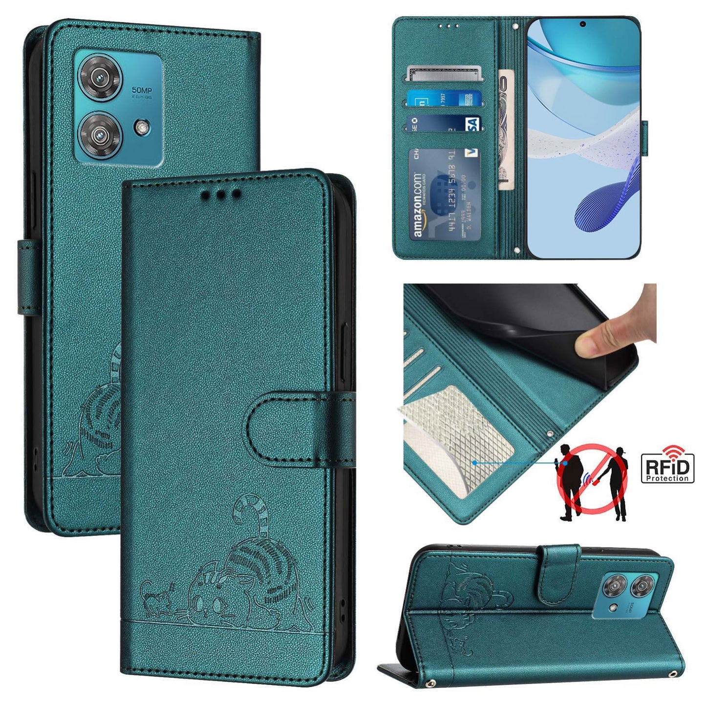 Motorola Edge 40 Neo 5G Cat and Rat Embossed Pattern, RFID Leather Phone Case with Lanyard, Kickstand, and Wallet Features