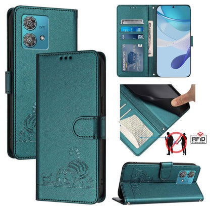 Motorola Edge 40 Neo 5G Cat and Rat Embossed Pattern, RFID Leather Phone Case with Lanyard, Kickstand, and Wallet Features