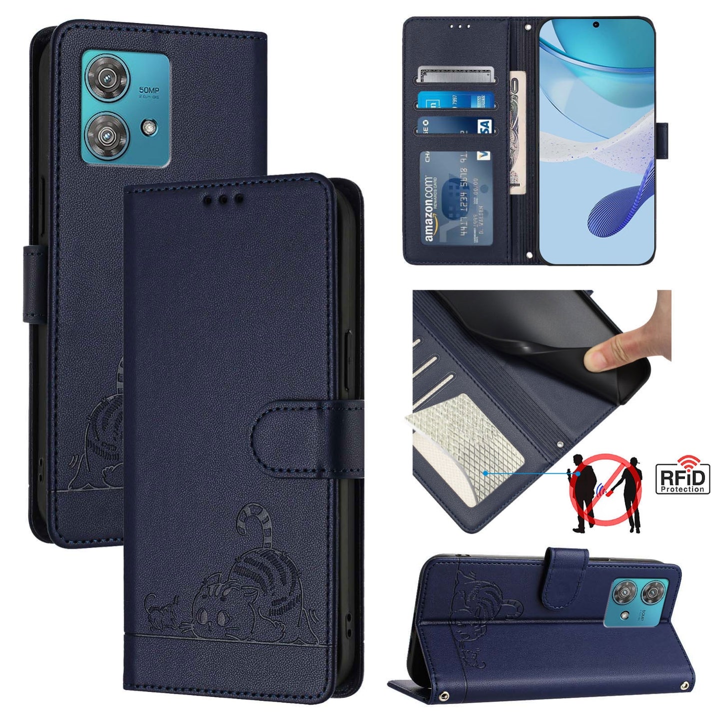 Motorola Edge 40 Neo 5G Cat and Rat Embossed Pattern, RFID Leather Phone Case with Lanyard, Kickstand, and Wallet Features