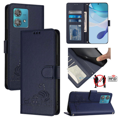 Motorola Edge 40 Neo 5G Cat and Rat Embossed Pattern, RFID Leather Phone Case with Lanyard, Kickstand, and Wallet Features