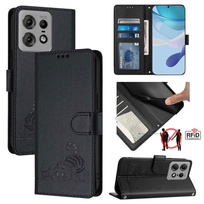 Motorola Edge 50 Pro Cat and Rat Embossed Pattern, RFID Leather Phone Case with Lanyard, Kickstand, and Wallet Features