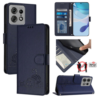 Motorola Edge 50 Pro Cat and Rat Embossed Pattern, RFID Leather Phone Case with Lanyard, Kickstand, and Wallet Features