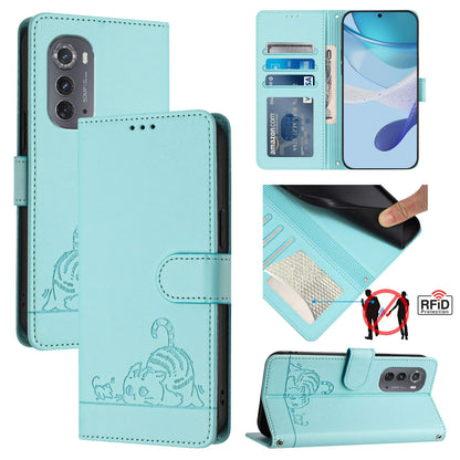 Motorola Edge 2022 Cat and Rat Embossed Pattern, RFID Leather Phone Case with Lanyard, Kickstand, and Wallet Features