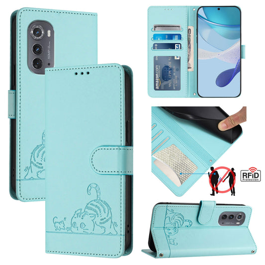 Motorola Edge 2022 Cat and Rat Embossed Pattern, RFID Leather Phone Case with Lanyard, Kickstand, and Wallet Features