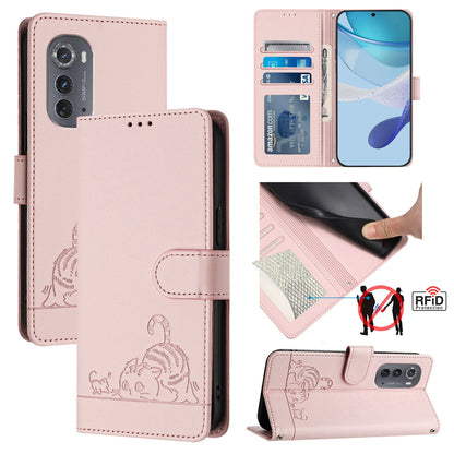Motorola Edge 2022 Cat and Rat Embossed Pattern, RFID Leather Phone Case with Lanyard, Kickstand, and Wallet Features