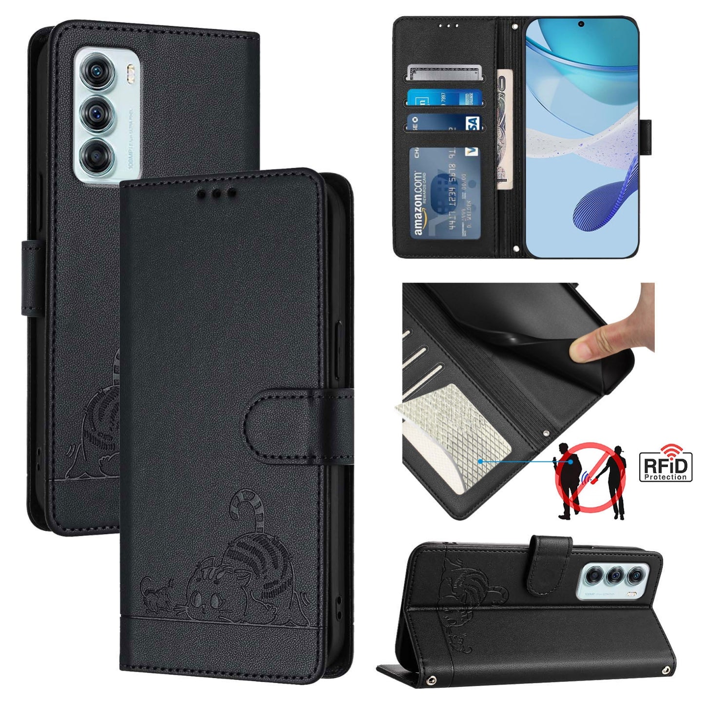 Motorola Moto G200 5G Cat and Rat Embossed Pattern, RFID Leather Phone Case with Lanyard, Kickstand, and Wallet Features