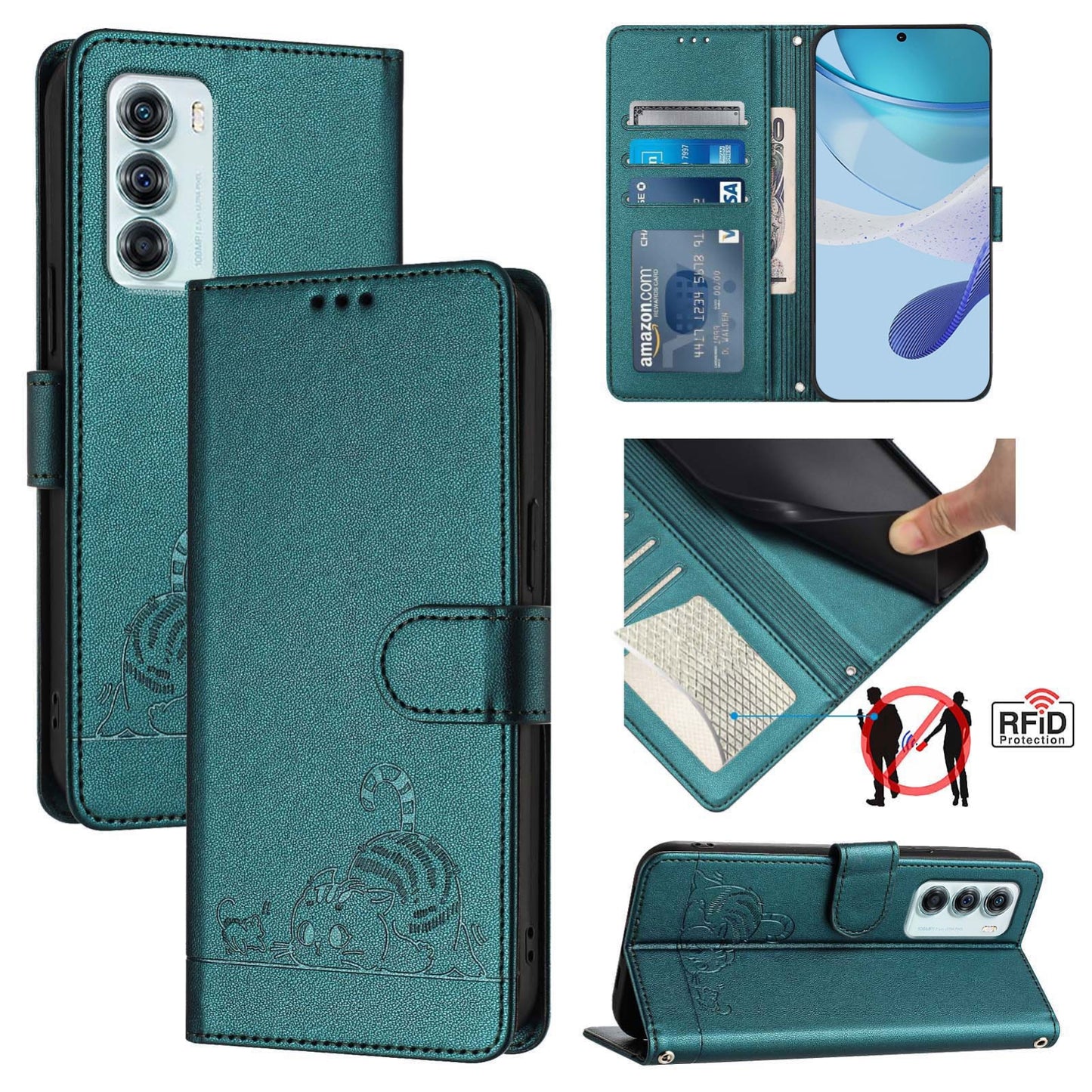 Motorola Moto G200 5G Cat and Rat Embossed Pattern, RFID Leather Phone Case with Lanyard, Kickstand, and Wallet Features