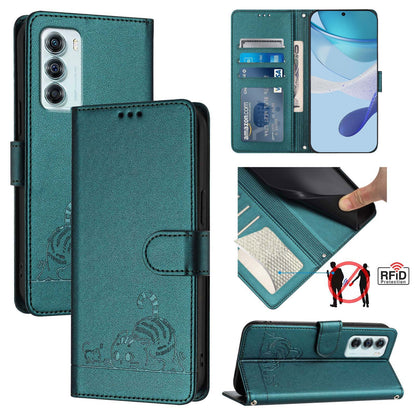 Motorola Moto G200 5G Cat and Rat Embossed Pattern, RFID Leather Phone Case with Lanyard, Kickstand, and Wallet Features