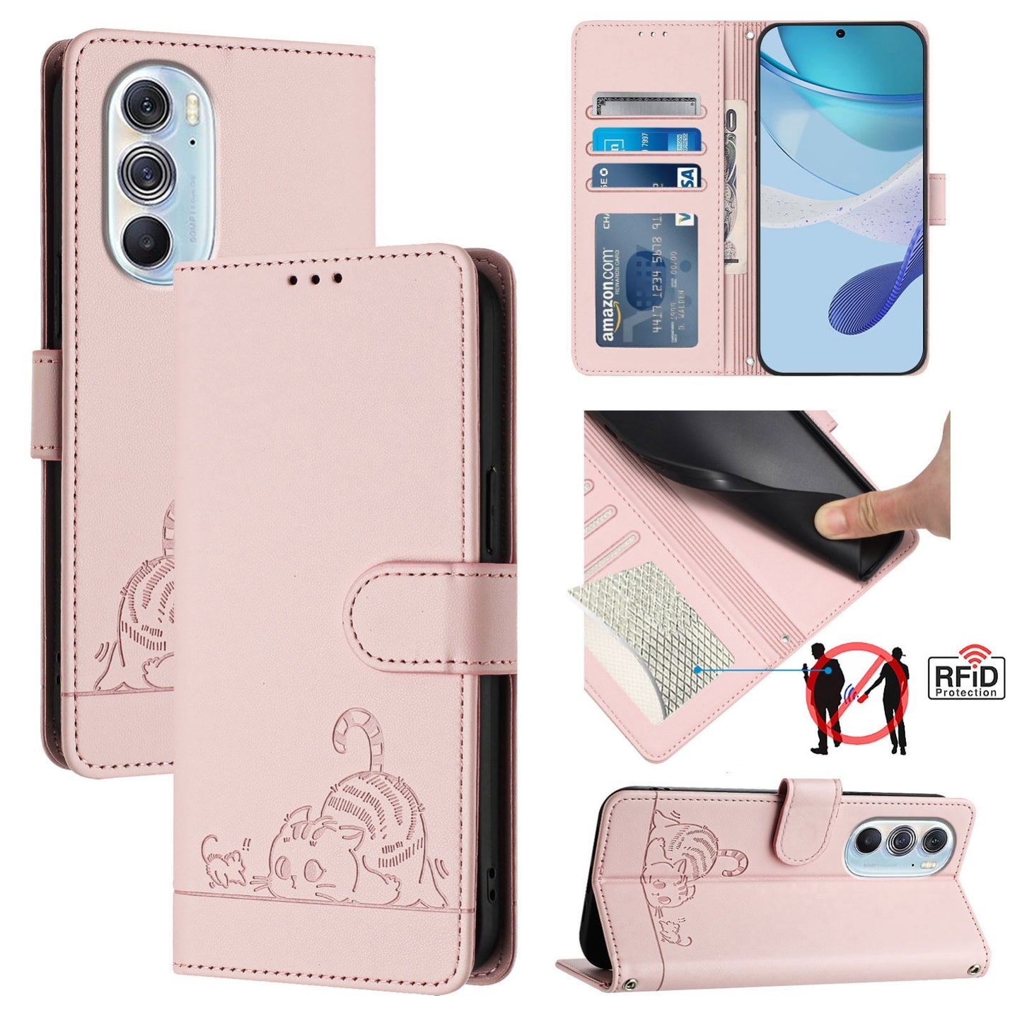 Motorola Edge X30 5G Cat and Rat Embossed Pattern, RFID Leather Phone Case with Lanyard, Kickstand, and Wallet Features