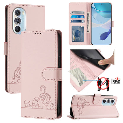 Motorola Edge X30 5G Cat and Rat Embossed Pattern, RFID Leather Phone Case with Lanyard, Kickstand, and Wallet Features