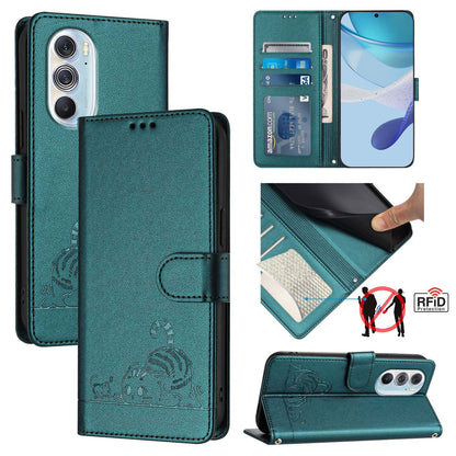 Motorola Edge 30 Pro Cat and Rat Embossed Pattern, RFID Leather Phone Case with Lanyard, Kickstand, and Wallet Features