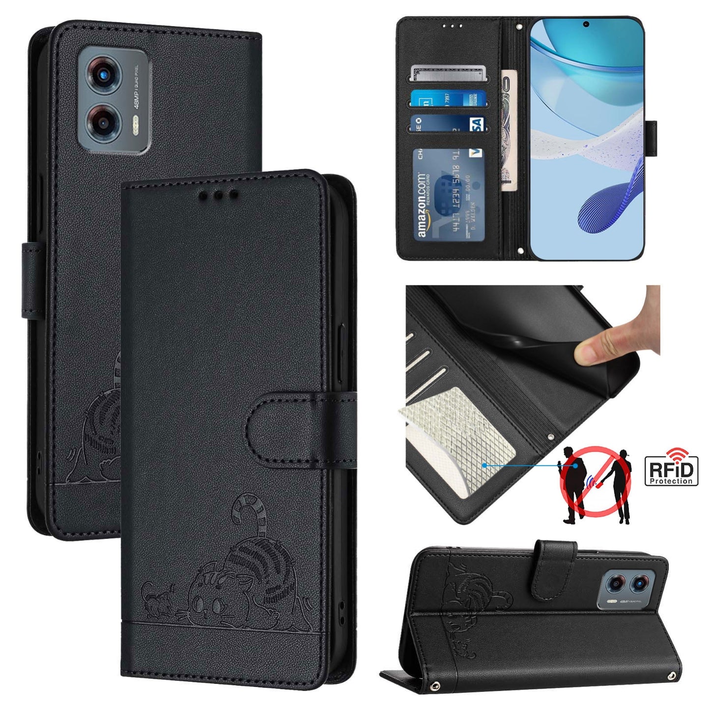 Motorola Moto G 5G 2023 Cat and Rat Embossed Pattern, RFID Leather Phone Case with Lanyard, Kickstand, and Wallet Features