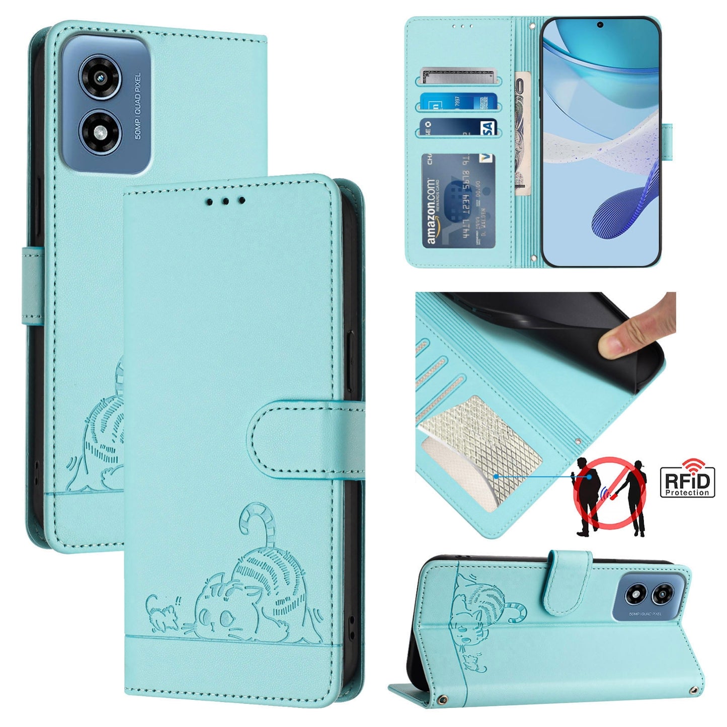 Motorola Moto G Play 5G 2024 Global Cat and Rat Embossed Pattern, RFID Leather Phone Case with Lanyard, Kickstand, and Wallet Features