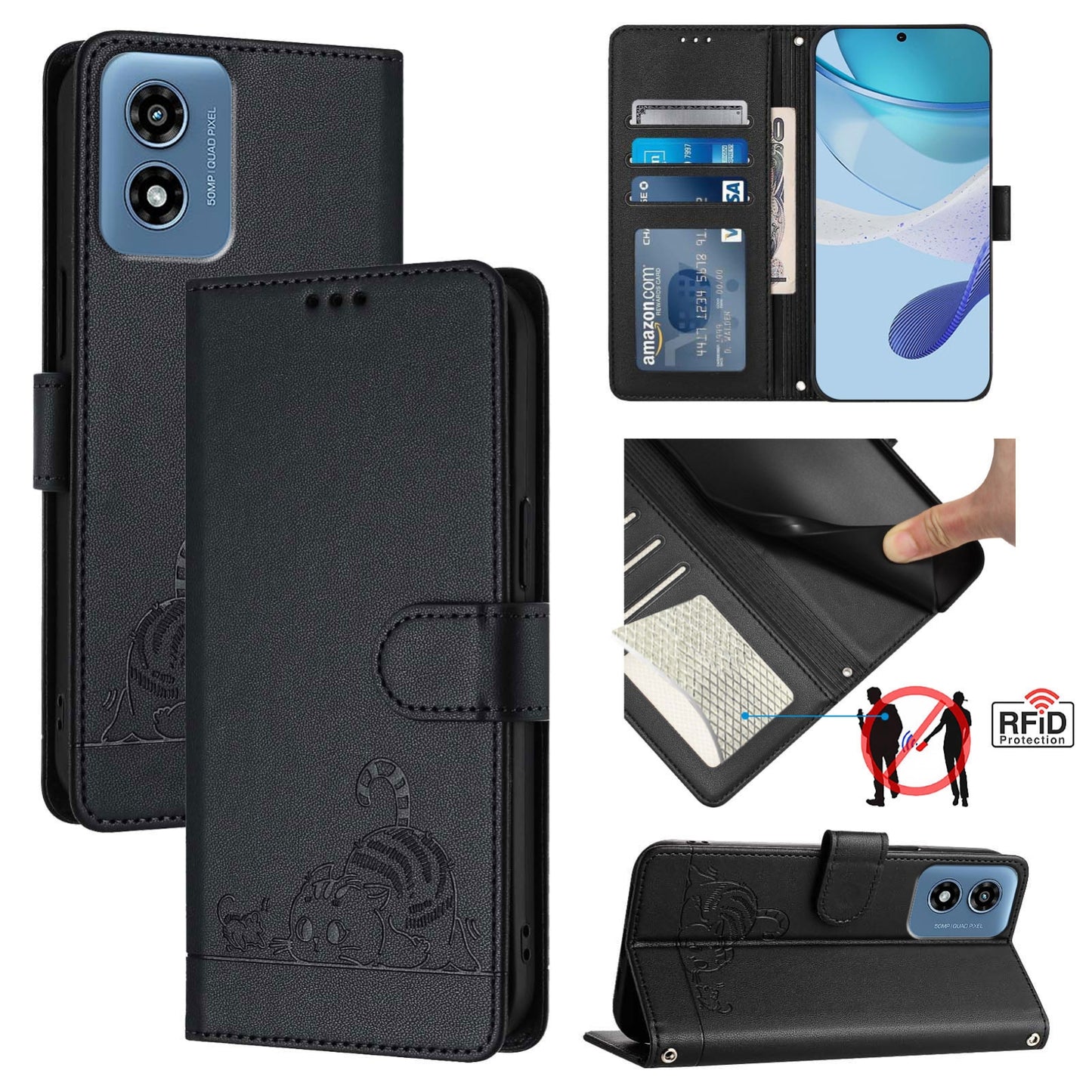 Motorola Moto G Play 5G 2024 Global Cat and Rat Embossed Pattern, RFID Leather Phone Case with Lanyard, Kickstand, and Wallet Features