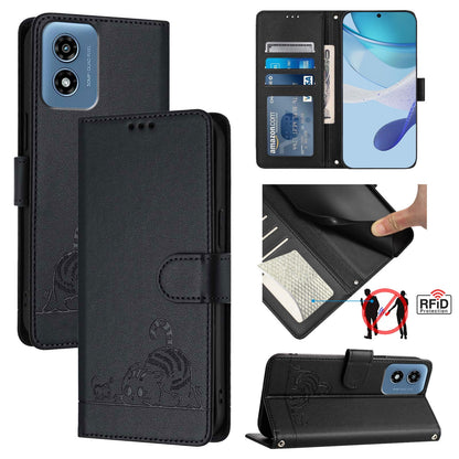 Motorola Moto G Play 5G 2024 Global Cat and Rat Embossed Pattern, RFID Leather Phone Case with Lanyard, Kickstand, and Wallet Features