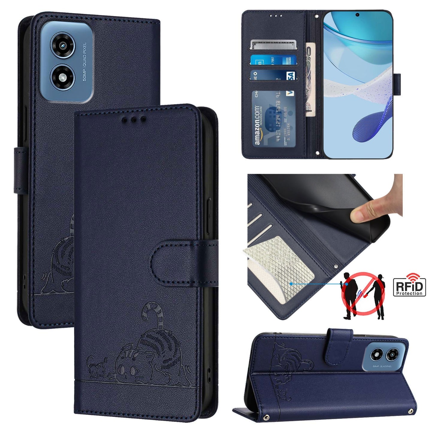 Motorola Moto G Play 5G 2024 Global Cat and Rat Embossed Pattern, RFID Leather Phone Case with Lanyard, Kickstand, and Wallet Features