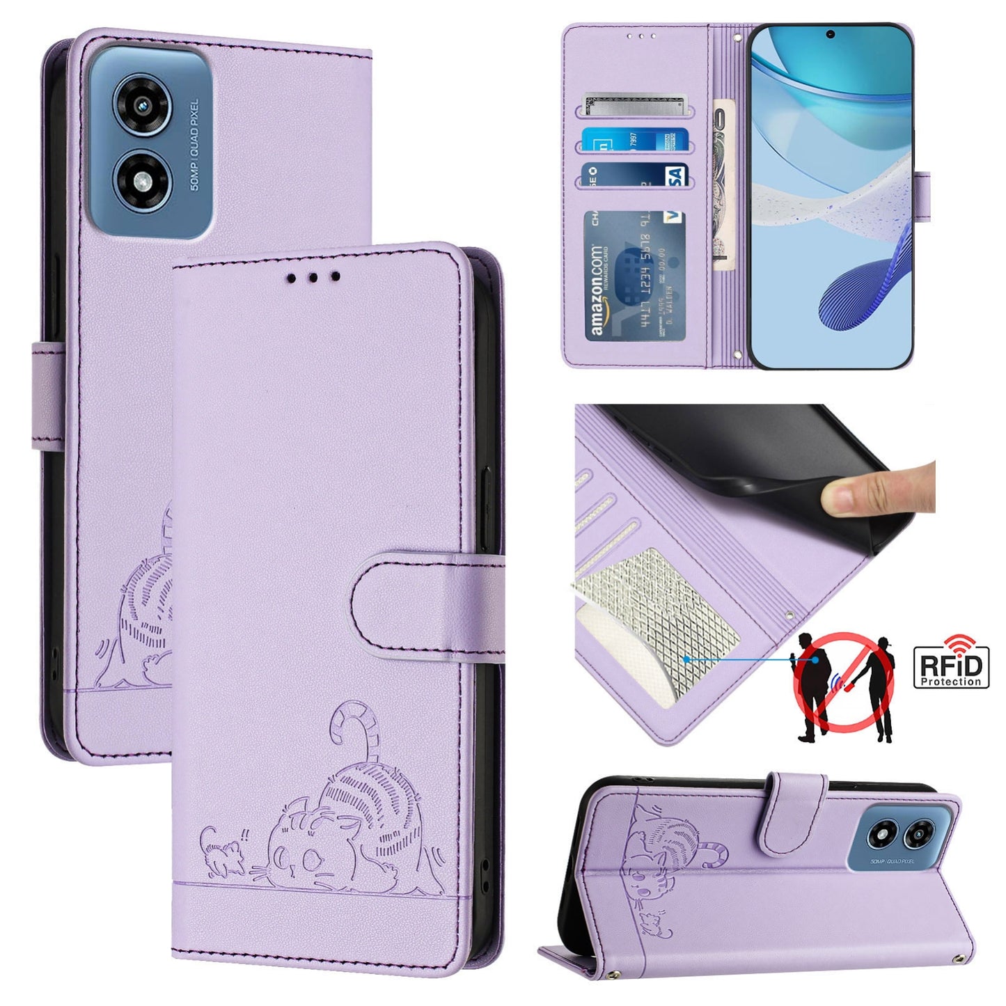 Motorola Moto G Play 5G 2024 Global Cat and Rat Embossed Pattern, RFID Leather Phone Case with Lanyard, Kickstand, and Wallet Features