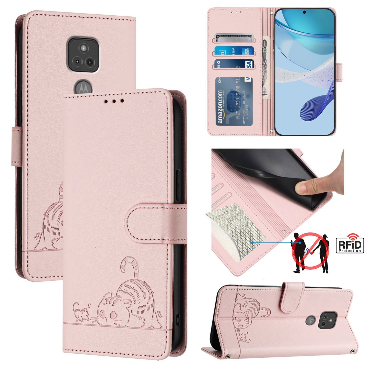 Motorola Moto G Play 2021 Cat and Rat Embossed Pattern, RFID Leather Phone Case with Lanyard, Kickstand, and Wallet Features