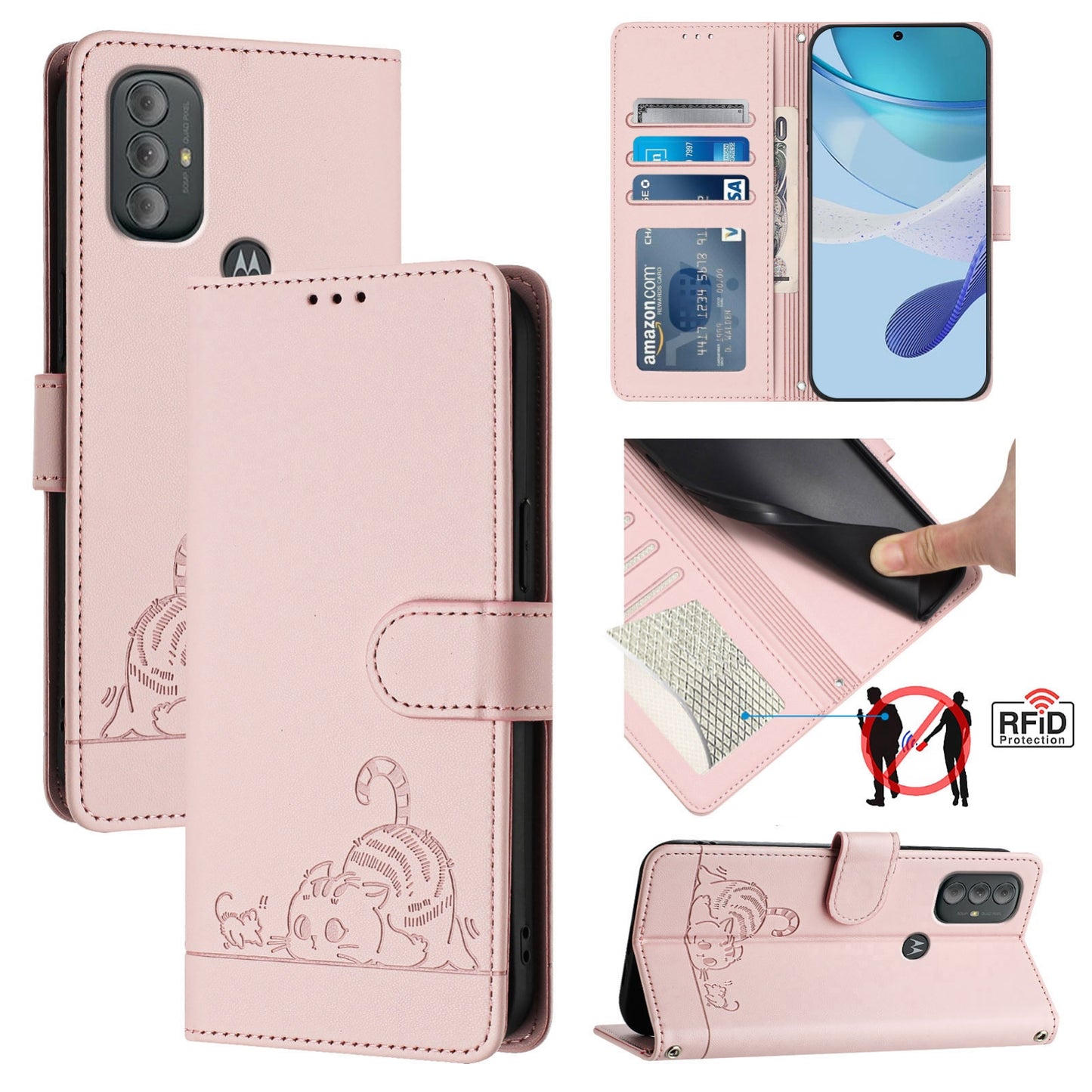 Motorola Moto G Power 2022 Cat and Rat Embossed Pattern, RFID Leather Phone Case with Lanyard, Kickstand, and Wallet Features