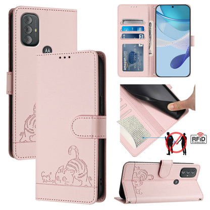 Motorola Moto G Power 2022 Cat and Rat Embossed Pattern, RFID Leather Phone Case with Lanyard, Kickstand, and Wallet Features