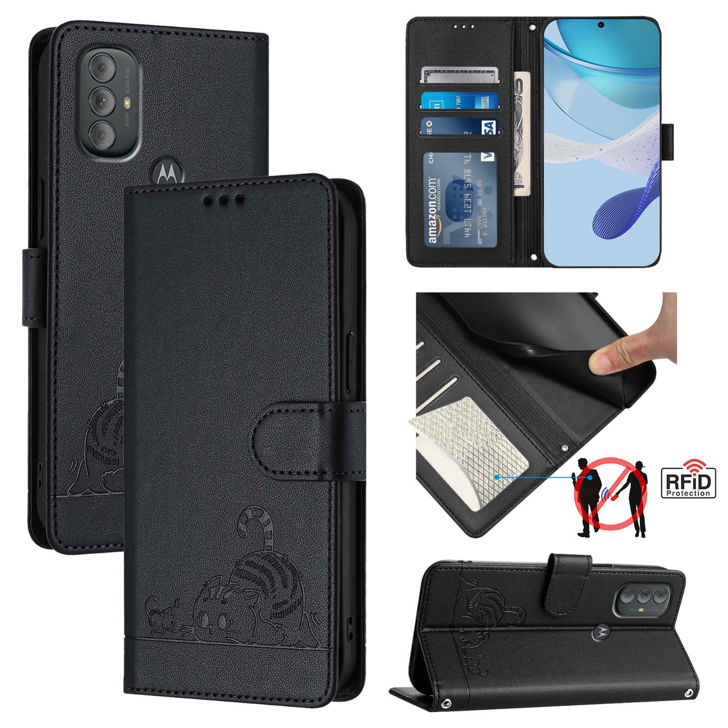 Motorola Moto G Power 2022 Cat and Rat Embossed Pattern, RFID Leather Phone Case with Lanyard, Kickstand, and Wallet Features